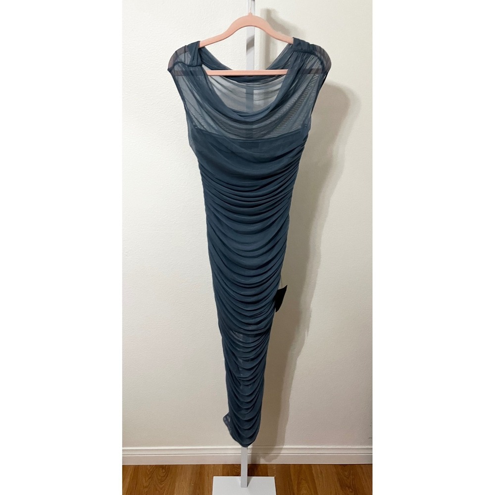NWT Lulus Sunama Slate Blue Mesh Ruched Bodycon Midi Dress Small - Picture 6 of 11